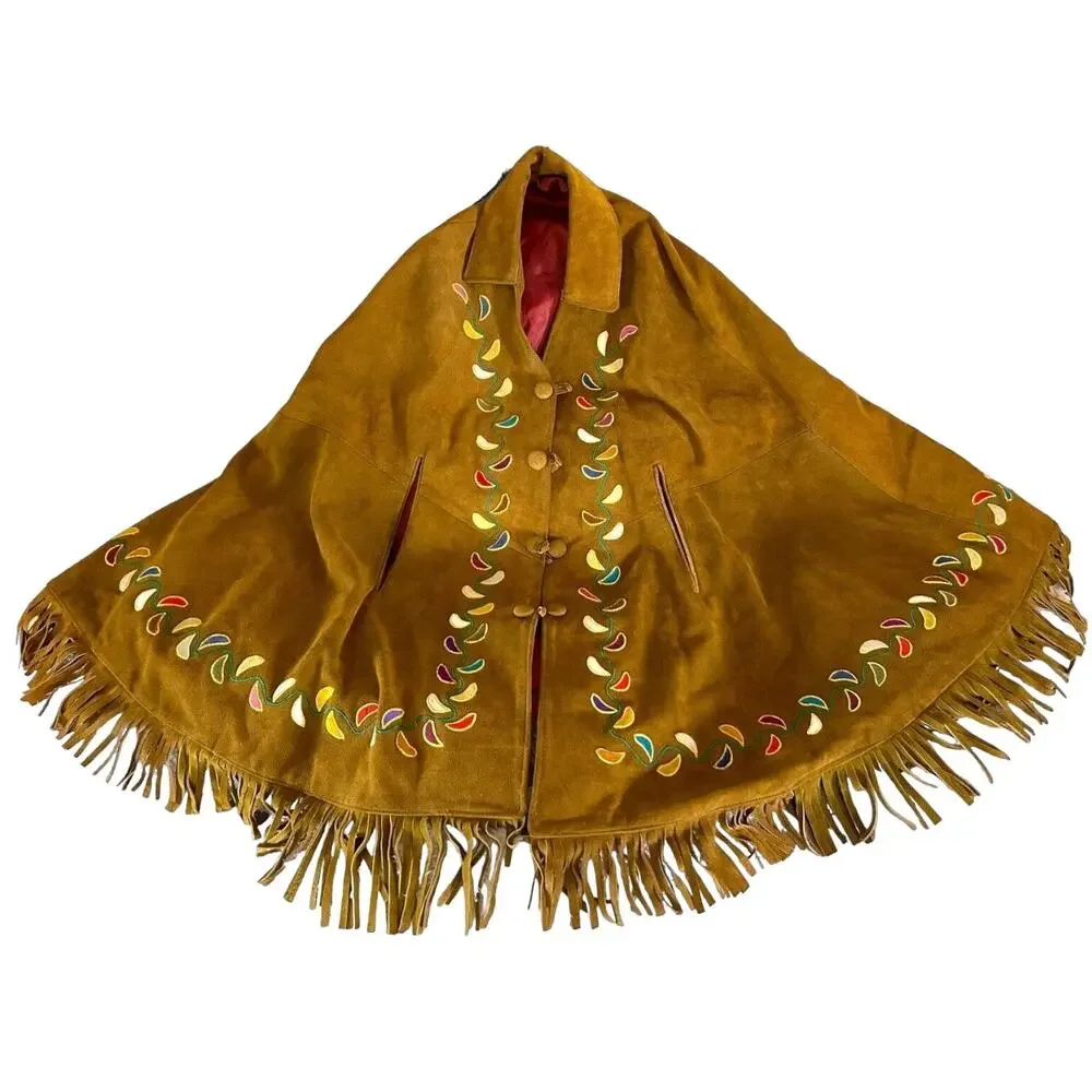 Vintage Leather Fringe Embroidered Cape Western Indian One Size Large - Picture 2 of 16